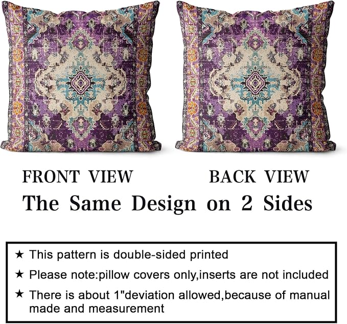 Snycler Boho Throw Pillow Covers 20x20 inch Set of 2 Boho Rug Carpet Double Sided Pattern Cotton Soft Pillow Case Cushion Cover Pillowcase for Couch Sofa Bed Decorative (Purple)