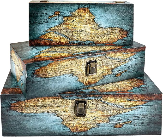 Jolitac Wood Storage Box Set of 3, Vintage Decorative Nesting Boxes Wooden Treasure Storage Crates With Latch, Home Decor Rustic Antique Boxes With Lid for Photos, Jewelry, Cash (Rectangle- Map)