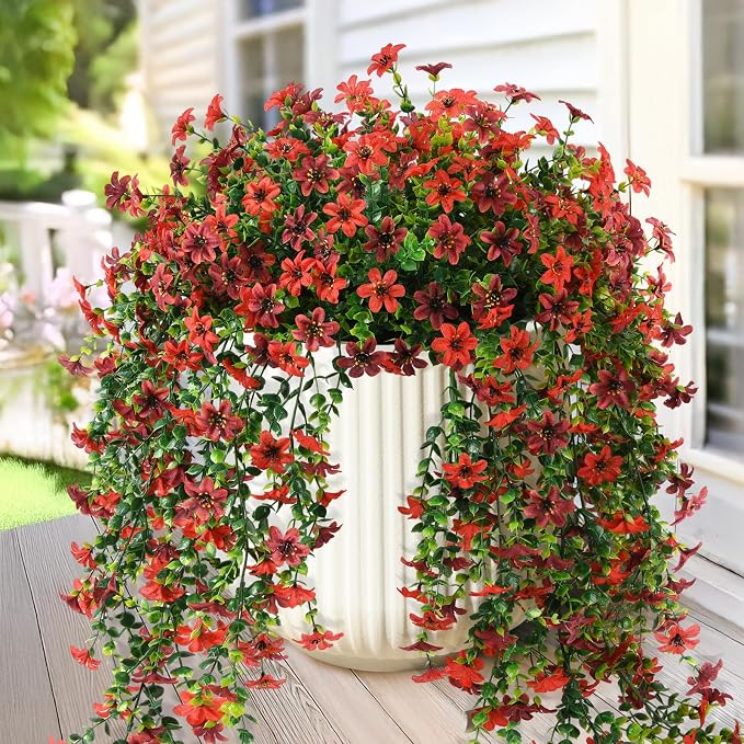 INQCMY Artificial Fake Hanging Flowers Plants for Outdoor Fall Decoration | 2 PCS Faux Silk Daisy with Eucalyptus Leaves,UV Resistant Look Real for Outside Home Planter Porch Patio Balcony Yard Decor
