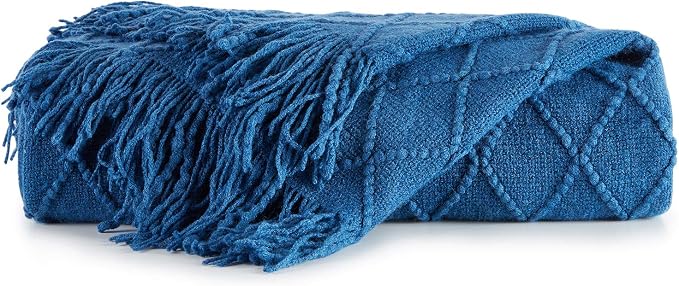 BOURINA Royal Blue Throw Blanket 50x60 Inch Knitted Soft Throw Sofa Blanket | Knitted Throw Blanket 50x60 Inches, Soft Lightweight Boho Weave Throw Decorative Couch Blanket for Living Room Bedroom Chair