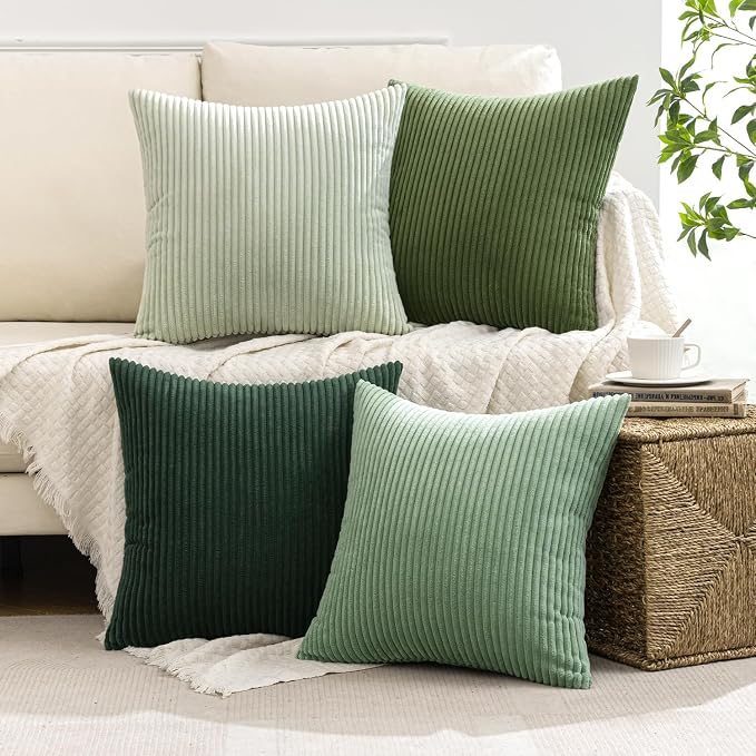 MIULEE Soft Corduroy Decorative Throw Pillow Covers Forest Green 16x16 | Set of 4, Mordern Nordic Home Decor, Gradient Color Matching, Boho Farmhouse Cushion Covers for Couch Bed Sofa Living Room
