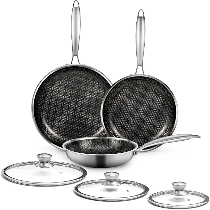 6 Pieces Stainless Steel Frying Pan Set with Lids(8"+9.5"+11") | Honeycomb Nonstick Frying Pan Set, Induction & Oven Safe, Stay-Cool Handles, Compatible with All Cooktops, PFOA Free