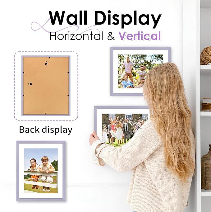 FIXSMITH 8.5x11 Picture Frame Set of 2, Purple Photo Frame with HD Plexiglass, Display Pictures 6x8 with Mat or 8.5x11 Without Mat, Black Picture Frames Collage Wall Decor, Gallery Wall Frame