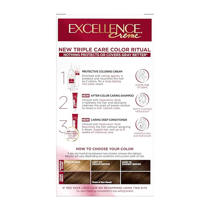 L'Oreal Paris Excellence Crème Permanent Hair Dye, Triple Care Hair Color with Hyaluronic Acid for 100% Gray Coverage, 5 Medium Brown, 1 Kit (Packaging May Vary)