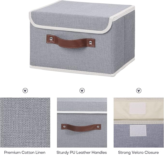 ANMINY Fabric Storage Box Bins with Lids, Gray, 10"x8"x7", 2 Pack | Keepsake Memory Storage, Cotton Linen, PP Board Reinforced, Washable, PU Handles, Foldable & Stackable, Decorative, Small