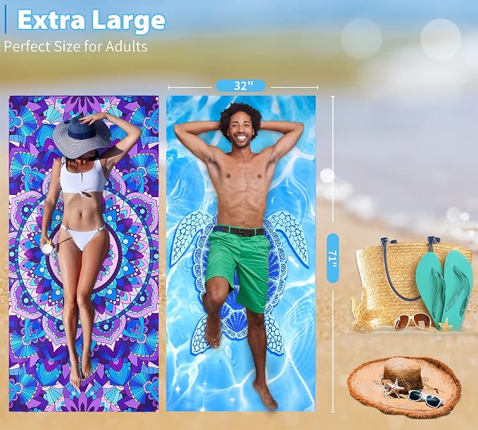 6 Pack Microfiber Thin Lightweight Beach Towel Oversized 71x32 Extra Large Sand Free Towels for Travel Swim Pool Yoga Gym Camping for Adults Women Men Beach Essentials Accessories Vacation Gift