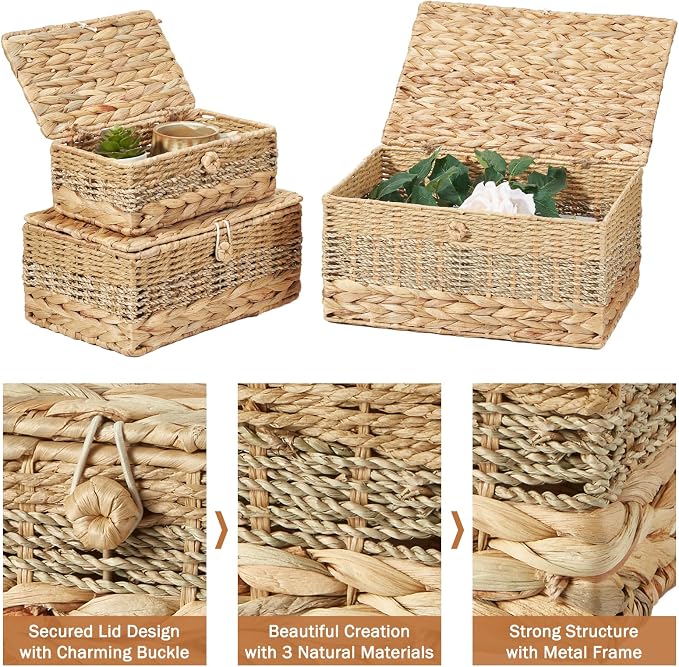3PCS Wicker Storage Baskets with Lids Decorative Rattan Boxes | Handmade Natural Boho Woven Bins, Water Hyacinth Seagrass Paper Rope, Memory Keepsake Photo Makeup Container, Shelf Organizer
