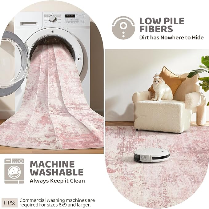 UERMEI 10x12 Area Rug Living Room Rugs - Washable Neutral Modern Abstract Soft Thin Large Rug Indoor Floor No Slip Rug Carpet for Bedroom Under Dining Table Home Office Decor - Pink