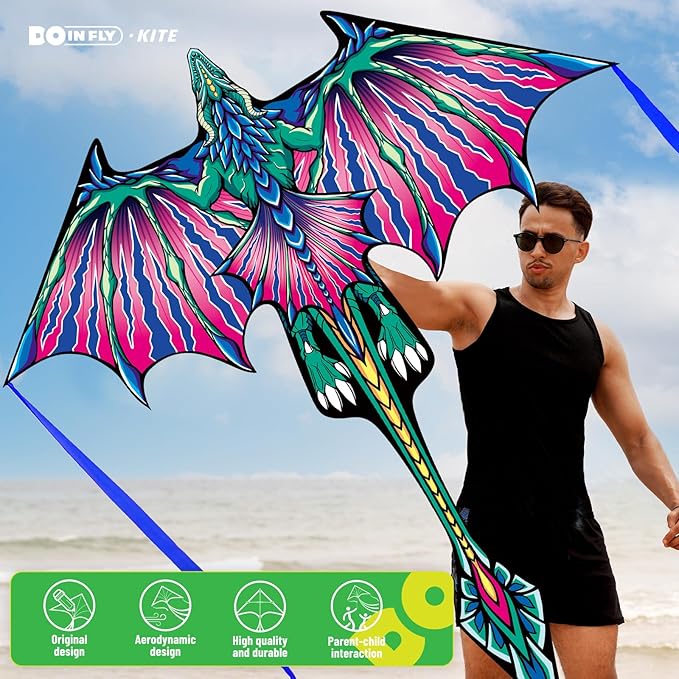 Kite- Classical Dragon Kite ，Pink Wings Dragon Kites for Kids and Adults,Easy to Fly for Beginner Easter 57.1inch x 63inch Single Line with Tail (Pink Pterosaur, 1)