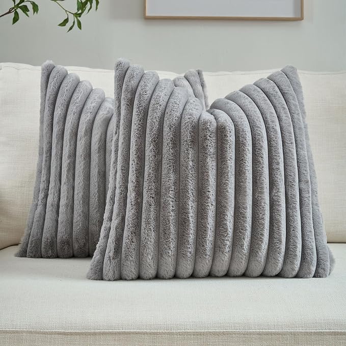 FUTEI Pack of 2 Faux Fur Throw Pillow Covers 20x20 Inch, Grey | Fluffy Faux Rabbit Fur Front/Premium Velvet Back,Hidden Zipper,Machine Washable,Non-Shedding,Colorfast,Insert Not Included.