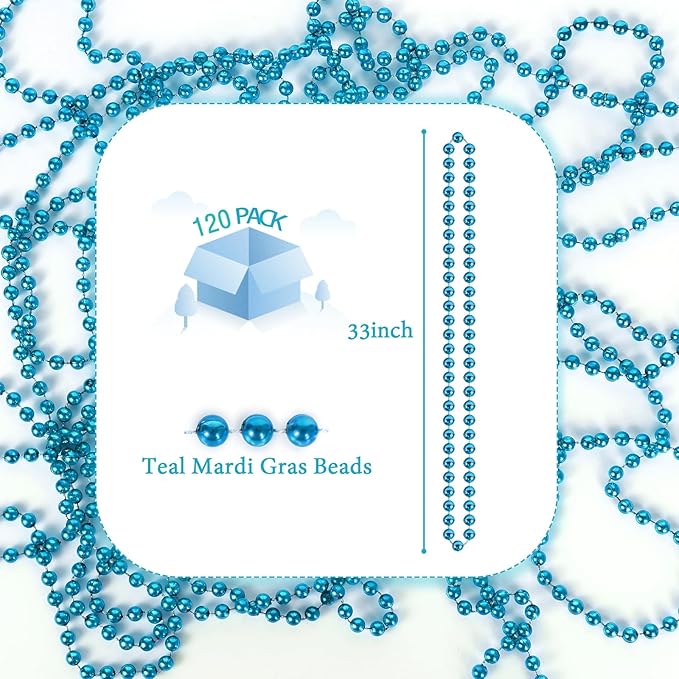 YAXINRUI 120 PCS Teal Bead Necklaces, Teal Mardi Gras Beads, 33 Inch Round Beaded Necklaces School Spirit Day Necklace for Mardi Gras Party Christmas Festive Events, Party Favors