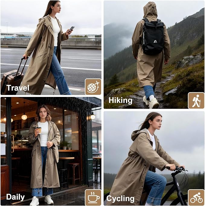 LAMA Womens Long Raincoats Rain Jacket Waterproof Packable Hooded Windbreaker Lightweight Adjustable Waist for Outdoor