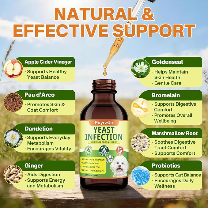 puyrzoe Natural Yeast Infection Treatment for Dogs, Itchy Ears, Skin, Paws & Allergy Relief, Yeast Treatment for Dogs, Supports Gut & Immune Health, Reduces Itching, Irritation & Inflammation, 120ml