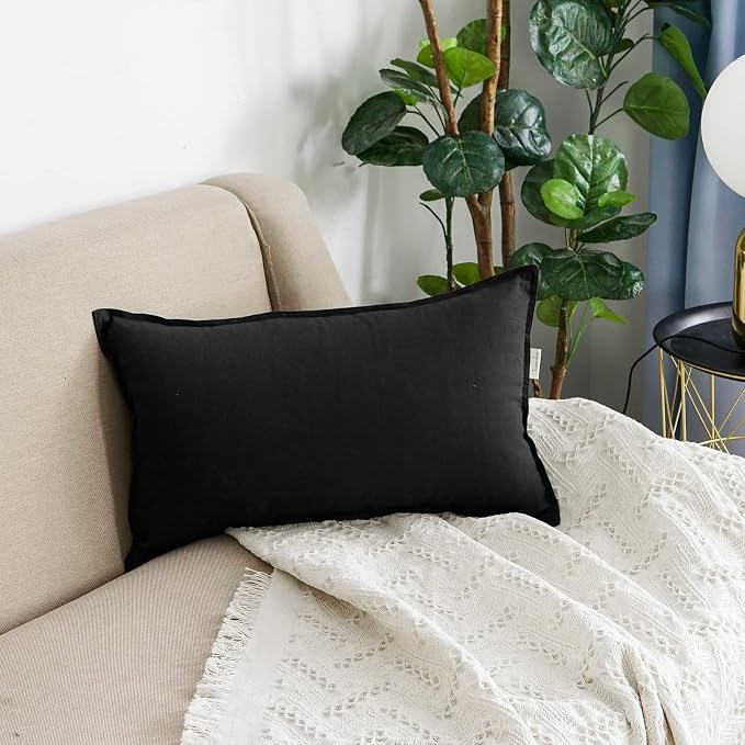 Jeanerlor Cotton Linen Decorative 12"x20" Lumbar Throw Pillow Case Cushion Cover with Twin Needles Stitch on Edge,for Wedding/Party/Gift/Car (30 x 50cm), Black