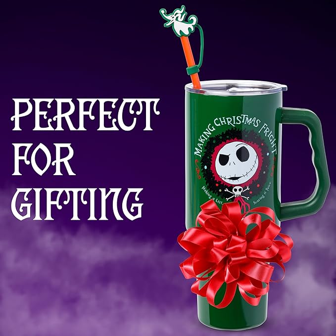 Silver Buffalo Disney Nightmare Before Christmas Making Xmas Fright Jack Skellington & Zero Double Walled Stainless Steel Tumbler w Handle, Straw, and Straw Cap, Fits in Standard Cup Holder, 40 Ounces