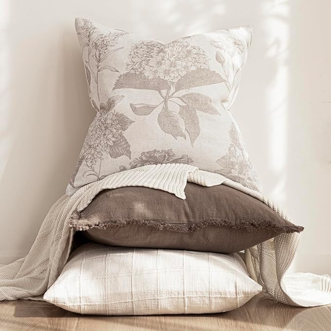 Foindtower Set of 2 Linen Floral Vintage Throw Pillow Covers Neutral Accent Decorative Cushion Covers Farmhouse Boho Home Decor for Sofa Chair Couch Bedroom Living Room,20×20 Inch,Tan Beige