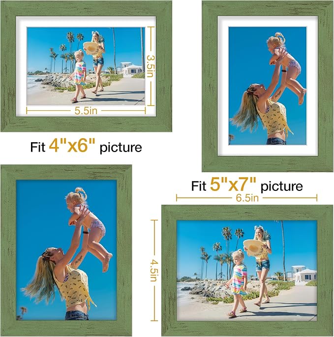 Vittanly 5x7 Picture Frames Set of 9, Wall & Tabletop, Rustic Green | Display Pictures 4x6 with Mat or 5x7 without Mat, Small Photo Frames, Engineered Wood with Shatter Resistant Plexiglass