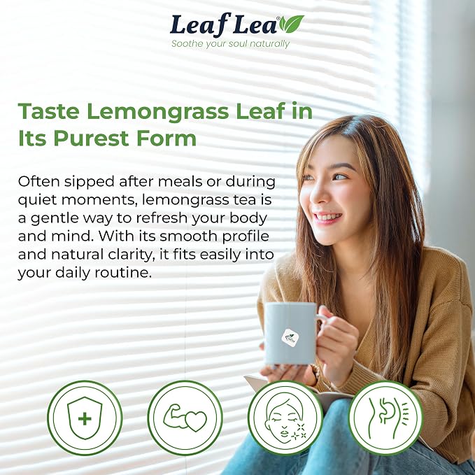 LeafLea Premium Lemongrass Herbal Tea Bags, Digestion Support, 80 Count | Natural Lemongrass Leaves, Te De Limoncillo, Light & Soothing Taste, Caffeine-Free, Sugar-Free, Vegan, Individually Wrapped
