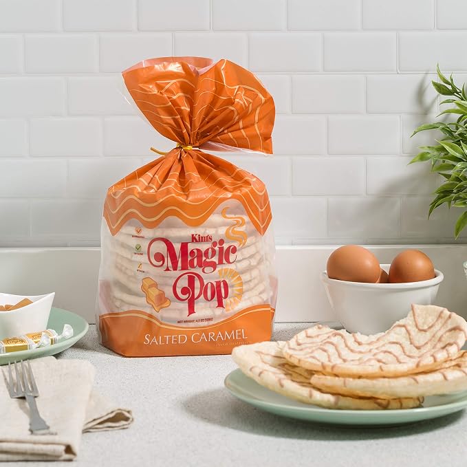 Kim's Magic Pop - Salted Caramel Flavor Drizzled | 6 Bags | 12 Cakes per Bag | Low Carb, No Trans Fat, All Natural, Multigrain Korean Snack | Easy Bread, Chip, Cracker Replacement