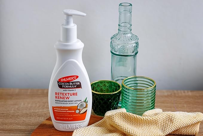 Palmer's Cocoa Butter Formula Retexture & Renew Exfoliating Body Lotion for Rough & Bumpy Skin, Triple Action Moisturizers + AHAs, Pump Bottle, 13.5 Ounce
