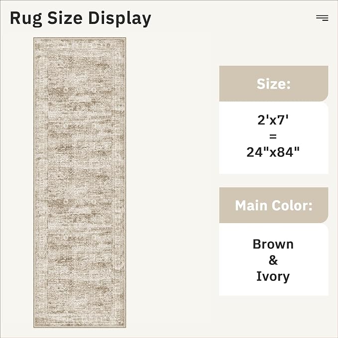 Soalmost Runner Rug 2x7 Washable Non-Slip Hallway Rugs for Kitchen Brown | Low-Pile Vintage Runners for Bathroom Laundry Room, Foldable Floor Carpet Mat for Entryway Corridor Bedroom