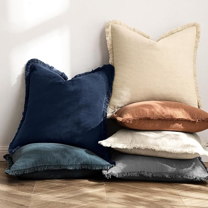 MIULEE Boho Linen Fringe Decorative Throw Pillow Covers Dark Navy 18x18 | Set of 2, Cottagecore Decor, Boho Farmhouse Coastal Pillow Covers, Rustic Couch Cushion Cases for Sofa Bed Living Room