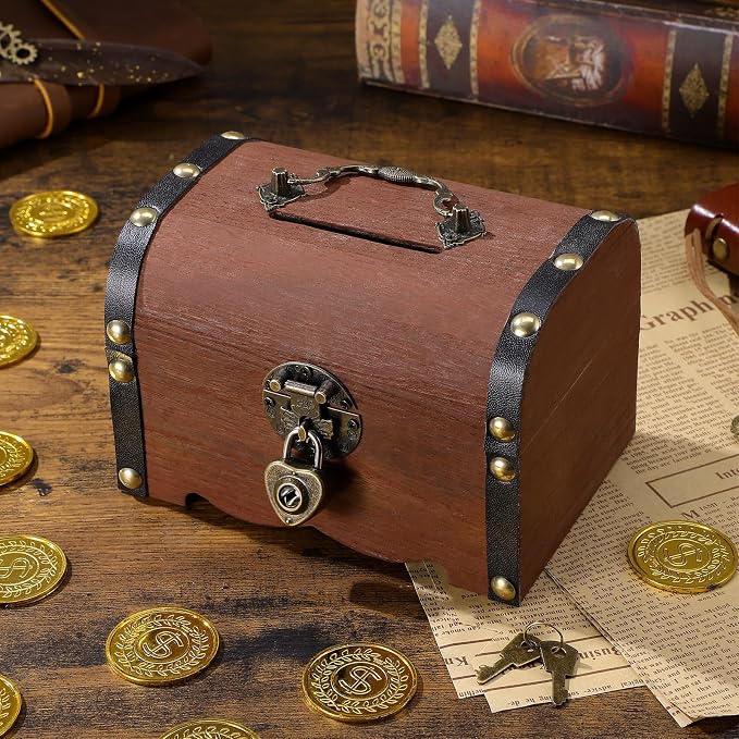 Toyvian Vintage Wooden Pirate Treasure Chest, Antique Jewelry Keepsake Organizer Box with Lock Decorative Storage Trunk for Necklaces Earrings Rings Trinkets Unique Gift for Women Men