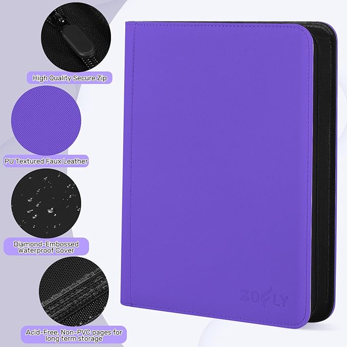 1000+ Pockets Trading Card Binder, 16 Pockets Zipper Binder Card Album, 32 Pack Double-sided Side Loading Non-Ring Card Binder, Card Holder Folders for MTG, TCG, Game Cards & Sports Cards, Purple