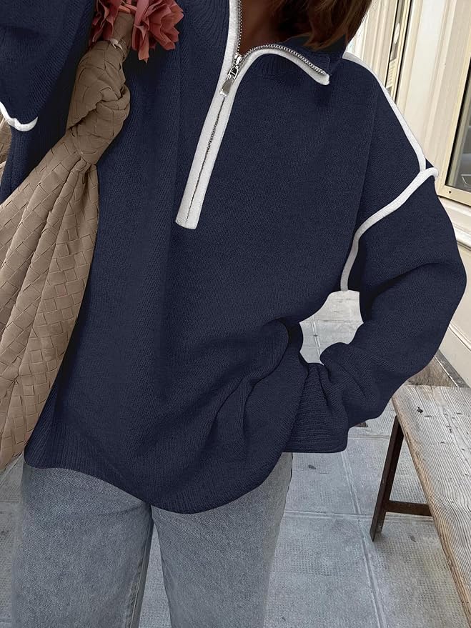 ANRABESS Womens Quarter Zip Sweaters Fall Long Sleeve V Neck Shirts Collared Business Casual Tops Knit Pullover Sweatshirts