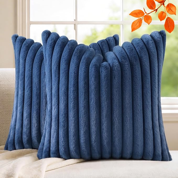 Pack of 2 Throw Pillow Covers 18x18 Decorative Solid Plush Faux Fur with Soft Velvet Back, Square Striped Cushion Cases Modern Farmhouse Home Decor for Living Room Couch Sofa Bed Navy Blue