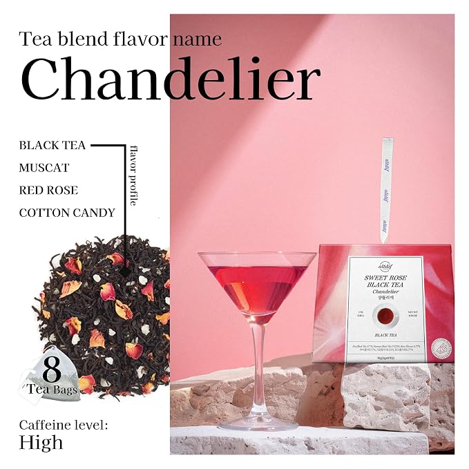 ALTDIF Sweet Rose Black Tea Chandelier Tea Bag Set – Bright & Fragrant Black Tea with Muscat, Rose, and Citrus Notes – Luxury Tea Set for Celebrations, Tea Aids, and Tea Cocktails - 8 Pyramid Teabags