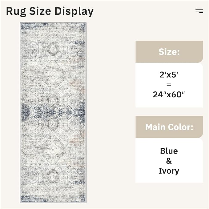 Soalmost Runner Rug 2x5 Washable Non-Slip Kitchen Entry Runners Blue/Ivory | Soft Low-Pile Rugs for Bathroom Laundry Room, Vintage Foldable Floor Carpet Mat Hallway Entryway for Corridor Bedroom