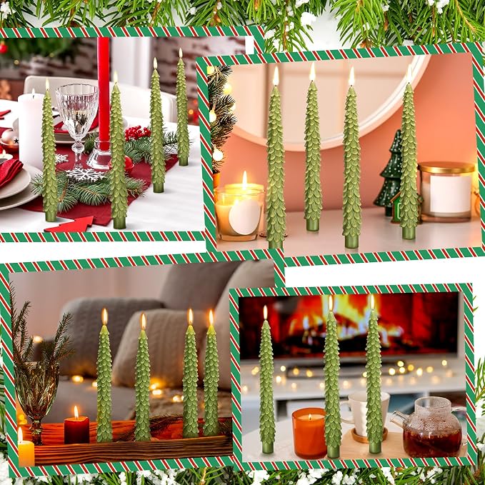 Conelist 6 Pcs Christmas Tree Candles Christmas Tree Shaped Taper Candles Decorative Xmas Wax Scented Candlesticks for Xmas Eve Winter Holiday Home Table Decoration Gift(Dark Green,10 Inch Style)