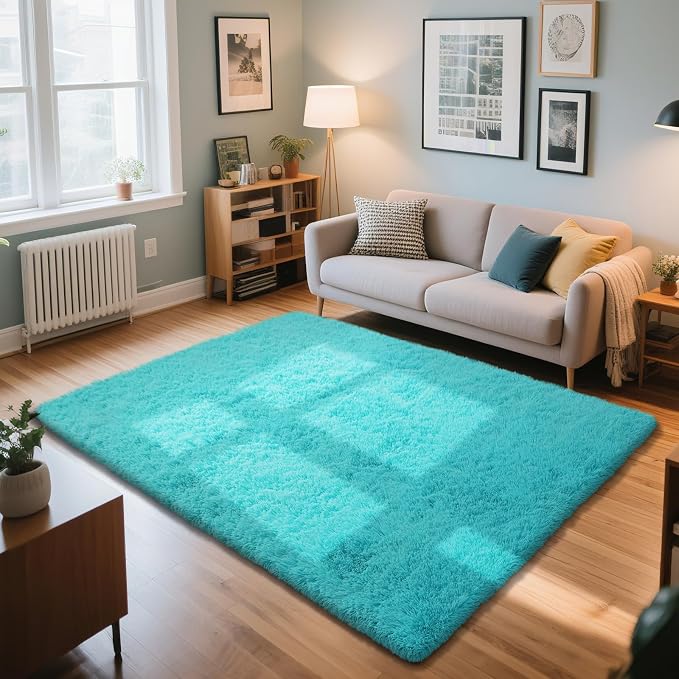 Teal Blue Rug Fluffy Rugs, 4x6 Teal Area Rugs for Bedroom, Soft Play Mat, Indoor Floor Carpet for Teen, Preppy Dorm, Plush Aesthetic Bedside Rug
