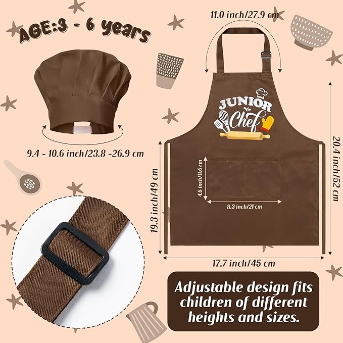 Kid Apron and Chef Hat Set - R HORSE 2Pcs Adjustable Children Brown Chef Kitchen Apron, Dress up Role Play Chef Toy Cooking Baking Painting and Training Kits Kid Funny Cooking Birthday Gift for Kids