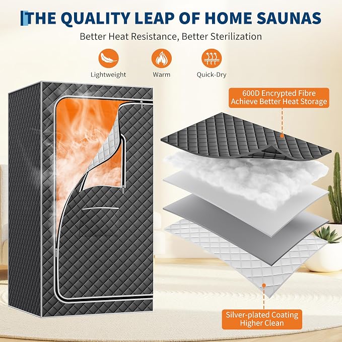 Portable Steam Sauna Box with 3L Steamer, 5-Layer Waterproof and Thermal Insulation, Folding Chair, for Home Steam Spa, Indoor & Outdoor(Black)