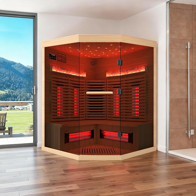 3-4 Person Infrared Home Sauna-Corner Sauna Spa Room w/Himalayan Salt Therapy & Starry Sky Spa,Canadian Hemlock, Tempered Glass (220V, ETL Certified)