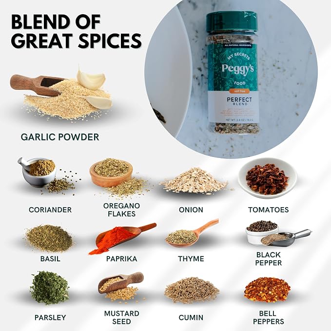 My Secrets Peggy's Food Perfect Seasoning Mix - 100% No Sodium Spice Blend - Salt Free All-Purpose Herb & Vegetable Seasoning for Eggs, Poultry, and Veggies - Gourmet Salt Substitute - 4.2 oz