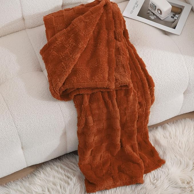 Burnt Orange Throw Blanket 108”×90”Checkered Design for Sofa | Super Soft Cozy Fleece Plush Microfiber 3D Square Pattern Flannel Blanket for Couch Bed Lightweight for Adults,Women