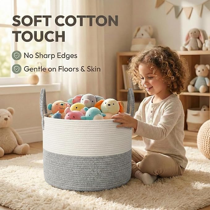 JMvicyroam 65L Extra Large Machine Washable Cotton Rope Blanket Basket | Collapsible laundry hamper, Reinforced handles, For blankets, pillows, toys and clothes, Living room and bedroom, White&Grey
