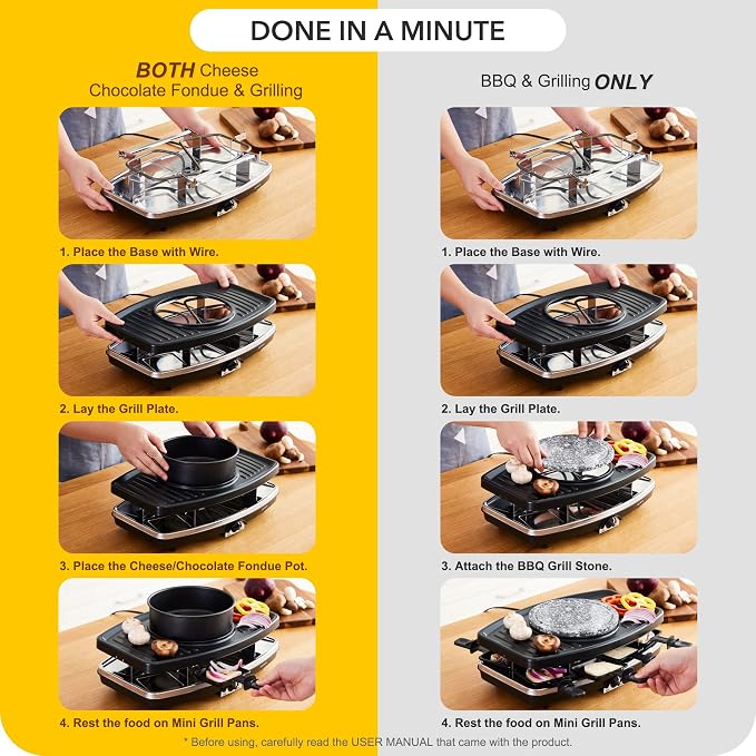 Electric Raclette Grill With Fondue Pot, 1100W Table Grill for 8 Peopl | 3-In-1 Raclette, Fondue And Grill Design, 1100W Heating, 8 Serving Pans, Adjustable Temperature for Indoor Gatherings