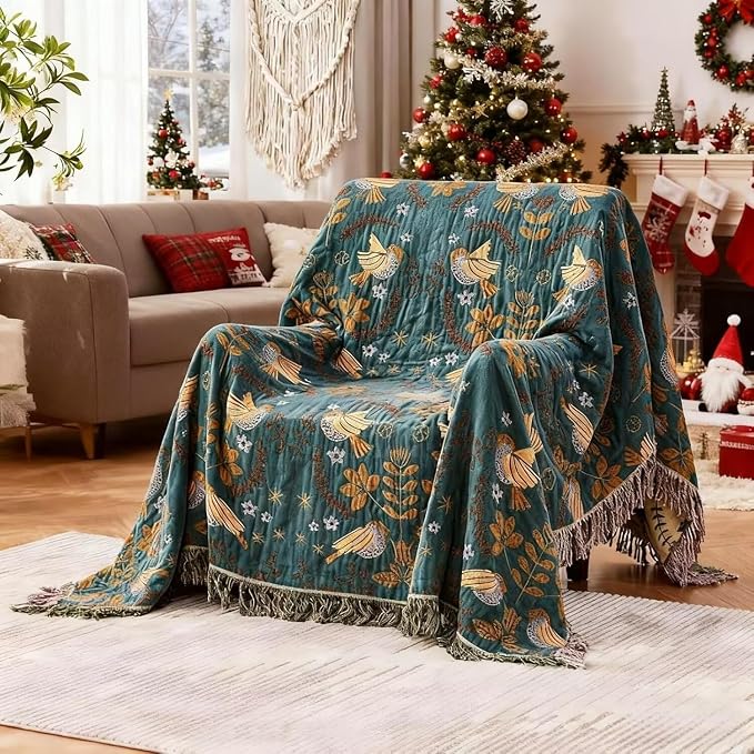 Boho Throw Blanket for Bed 100% Cotton Bohemian Blankets Ultra Soft Woven Muslin Decorative Blankets All Seasons Vintage Quilt Knitted Blanket for Sofa Chair(Blue, 60"x80")