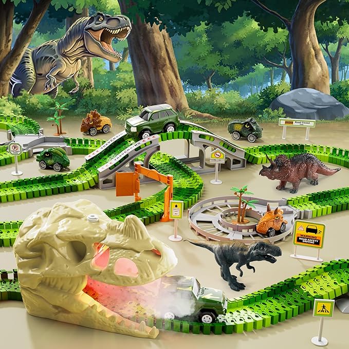 iHaHa 249 PCS Dinosaur Toys Race Car Track, Toys for Kids Toddler Boys Ages 2-4 3-5 4-6, Kids Race Tracks with Light, Sound & Spray, Birthday Dinosaur Gifts for 2 3 4 5 Year Old Boys