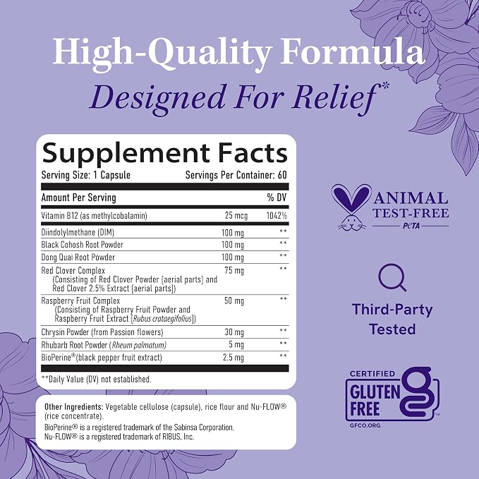 Menopause Supplement for Women Hot Flashes, Night Sweats, Hormone Balance | Menopause Relief for Women & Perimenopause Support, With Black Cohosh DIM and Red Clover, Third-Party Tested, 60 Capsules