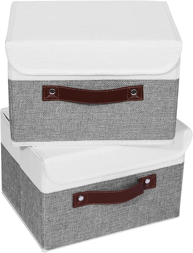 ANMINY Fabric Storage Box Bins with Lids, Gray White, 10"x8"x7", 2 Pack | Keepsake Memory Storage, Cotton Linen, PP Board Reinforced, Washable, PU Handles, Foldable & Stackable, Decorative, Small