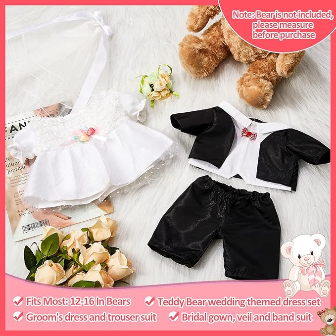 Civaner 2 Sets Bear Clothes Include Outfits of Groom's Tuxedo Suit and Bridal Dress Set, The Bear is Not Included, Suitable for 14-16 Inch Stuffed Animal Clothes