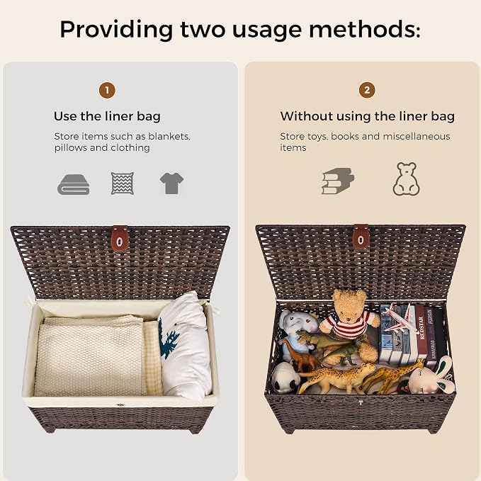 Wicker Storage Basket with Lid, 105L Shelf Basket with Removable Liner Bag | Rattan-Inspired Woven Design, Elevated Feet, Storage Trunk for Wardrobe, Bedroom & Home Organization