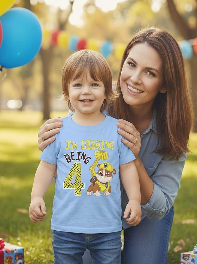 Paw Patrol Rubble Digging Being 4 T-Shirt for Toddler Boys - 4th Birthday Outfit with Construction Bulldozer Theme
