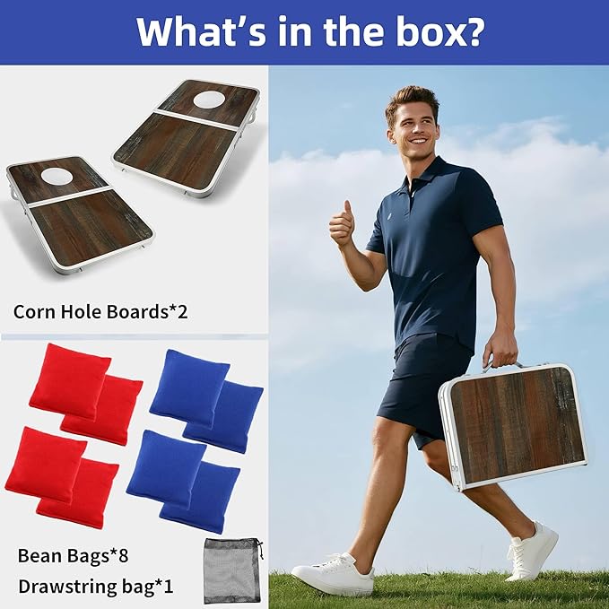 Portable Cornhole Board Set with Aluminum Alloy Edging,2x1.3ft Foldable Corn Hole Games for Adults and Family with 8 Bean Bags for Outdoor Backyard Travel Tailgate Camping