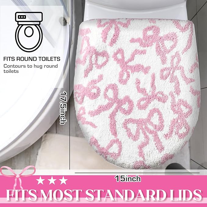 Rose Pink Bow Toilet Lid Cover Washable Coquette Cute Plush Toilet Cover for Bathroom Decor Soft Microfiber 17.5 x 15 Inch Non Slip Rubber Backing Fits Most Round, Elongated